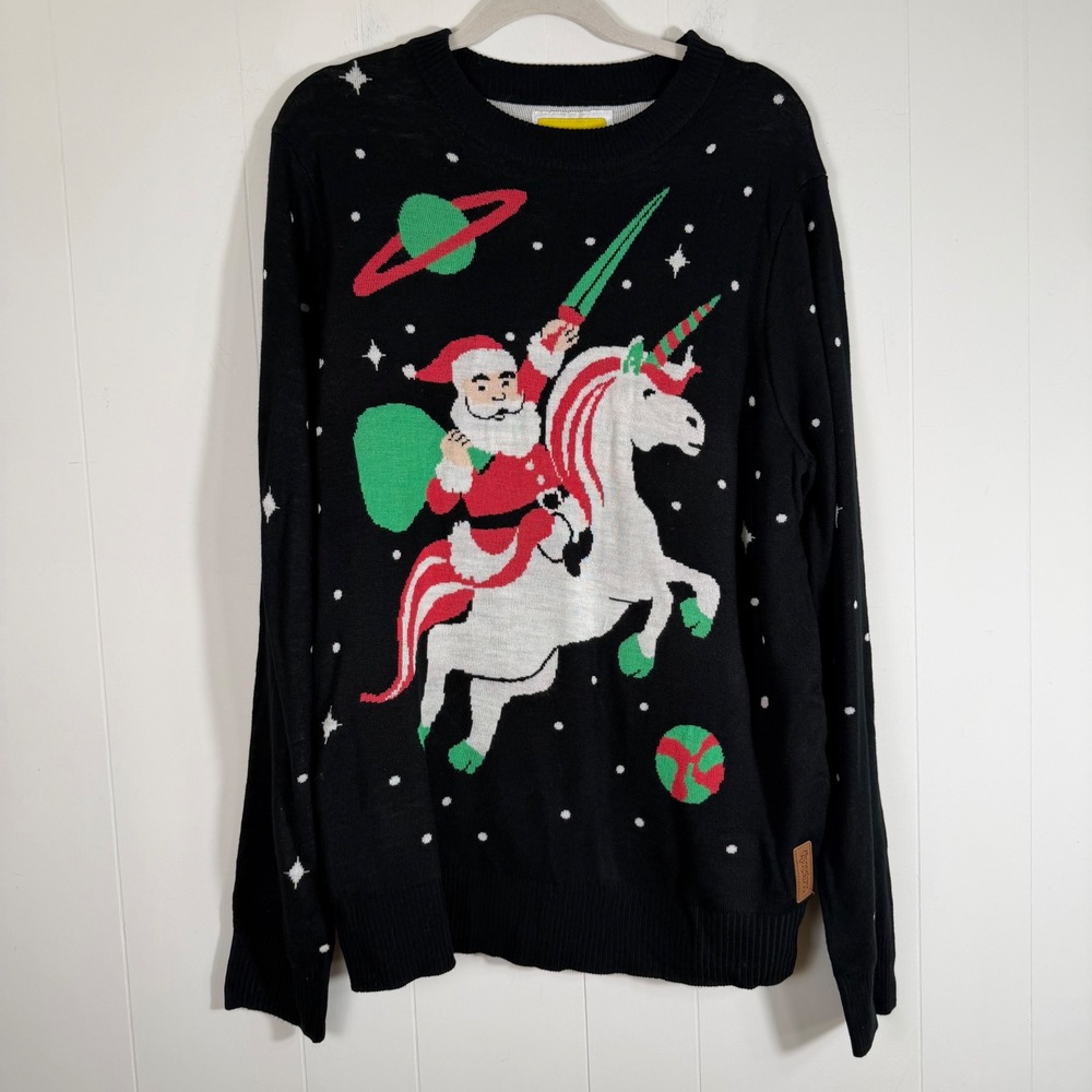 Tipsy Elves Santa Riding Unicorn Space Ugly Christmas Sweater Black XL Holiday